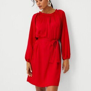 Ann Taylor Gathered Neck Shift Dress Mini Red Long Sleeve Tie Sash NWT Size 8P